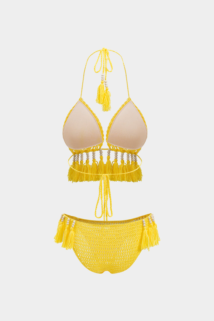 Tie Up Backless Fringe Beaded Bikini Set