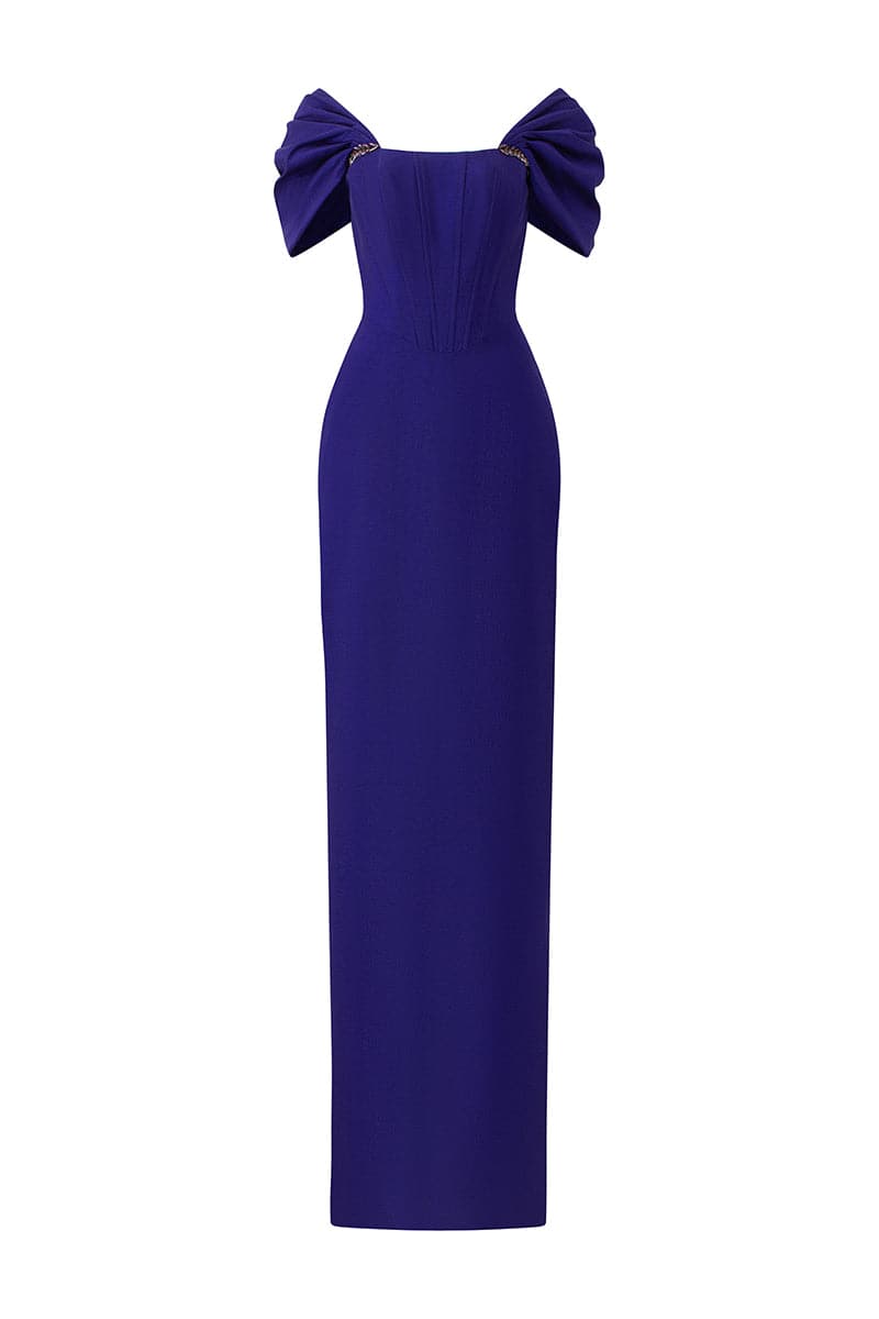 off-shoulder column gown with sculpted draped sleeves – VIOLETTA