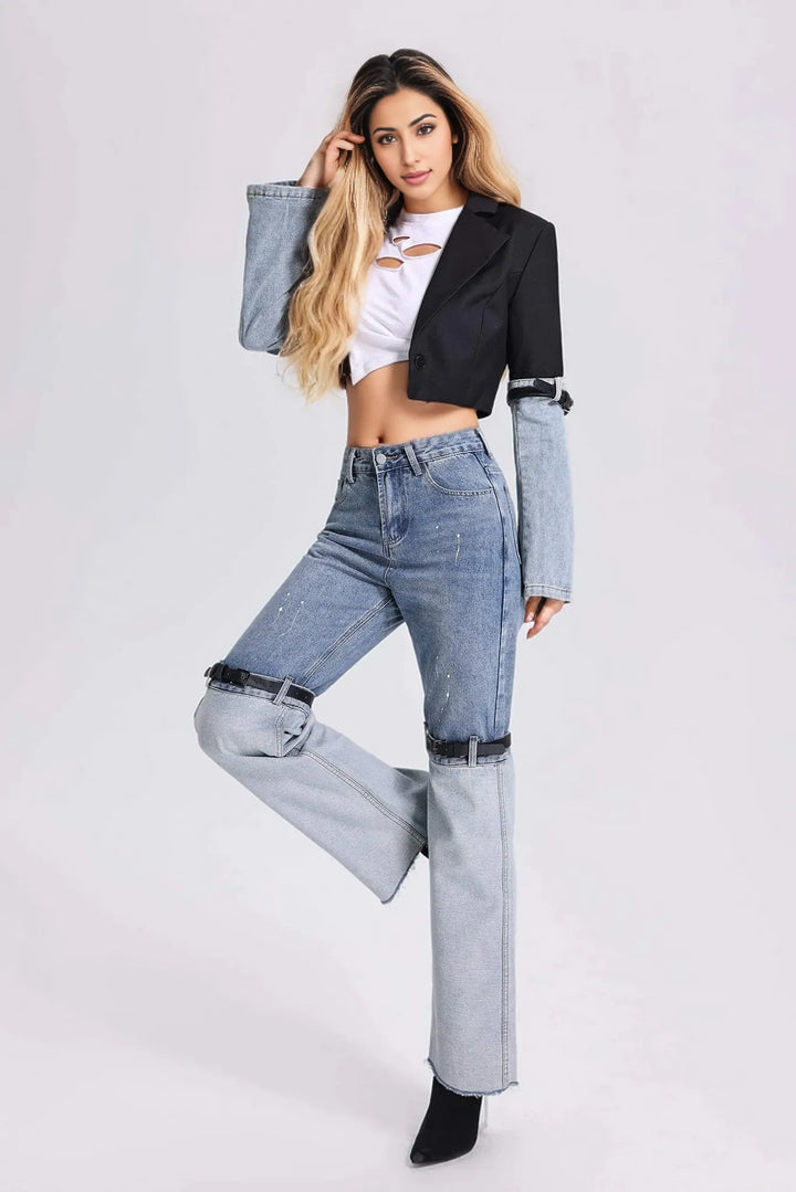 cropped contrast blazer with denim sleeves – Tamieka