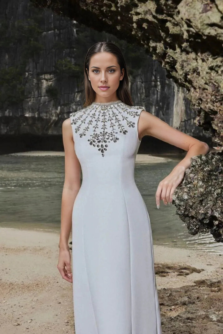Sleeveless gown with embellished high neckline – Zobia