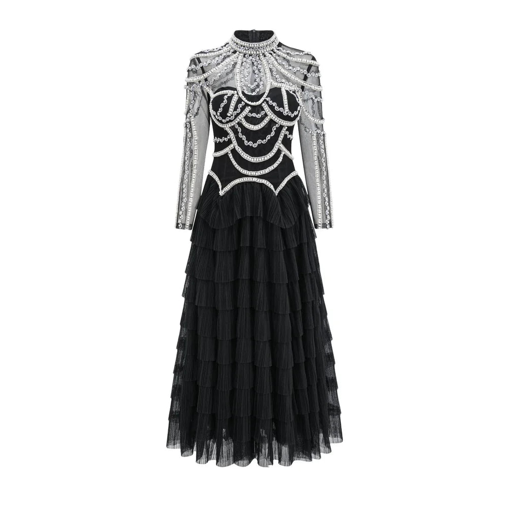 embellished high-neck tulle maxi dress with tiered skirt – SERAPHINA
