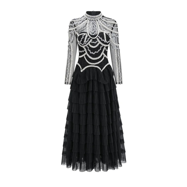 embellished high-neck tulle maxi dress with tiered skirt – SERAPHINA