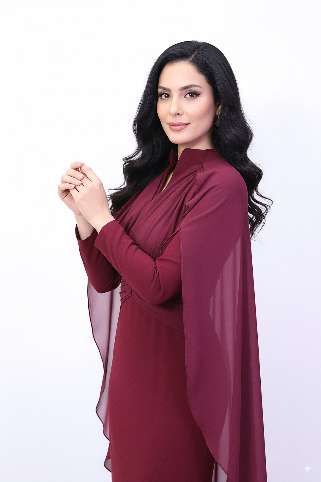 draped high-neck gown with chiffon cape sleeves – MERLOT