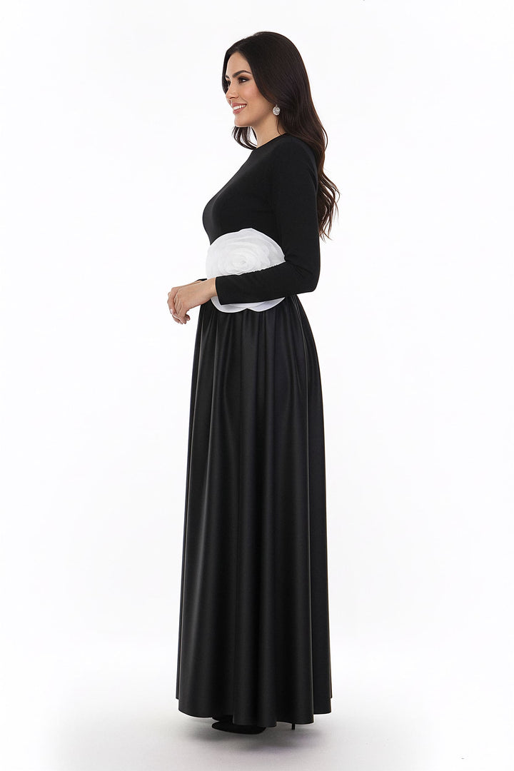 long-sleeve satin gown with oversized flower accent – MIREN