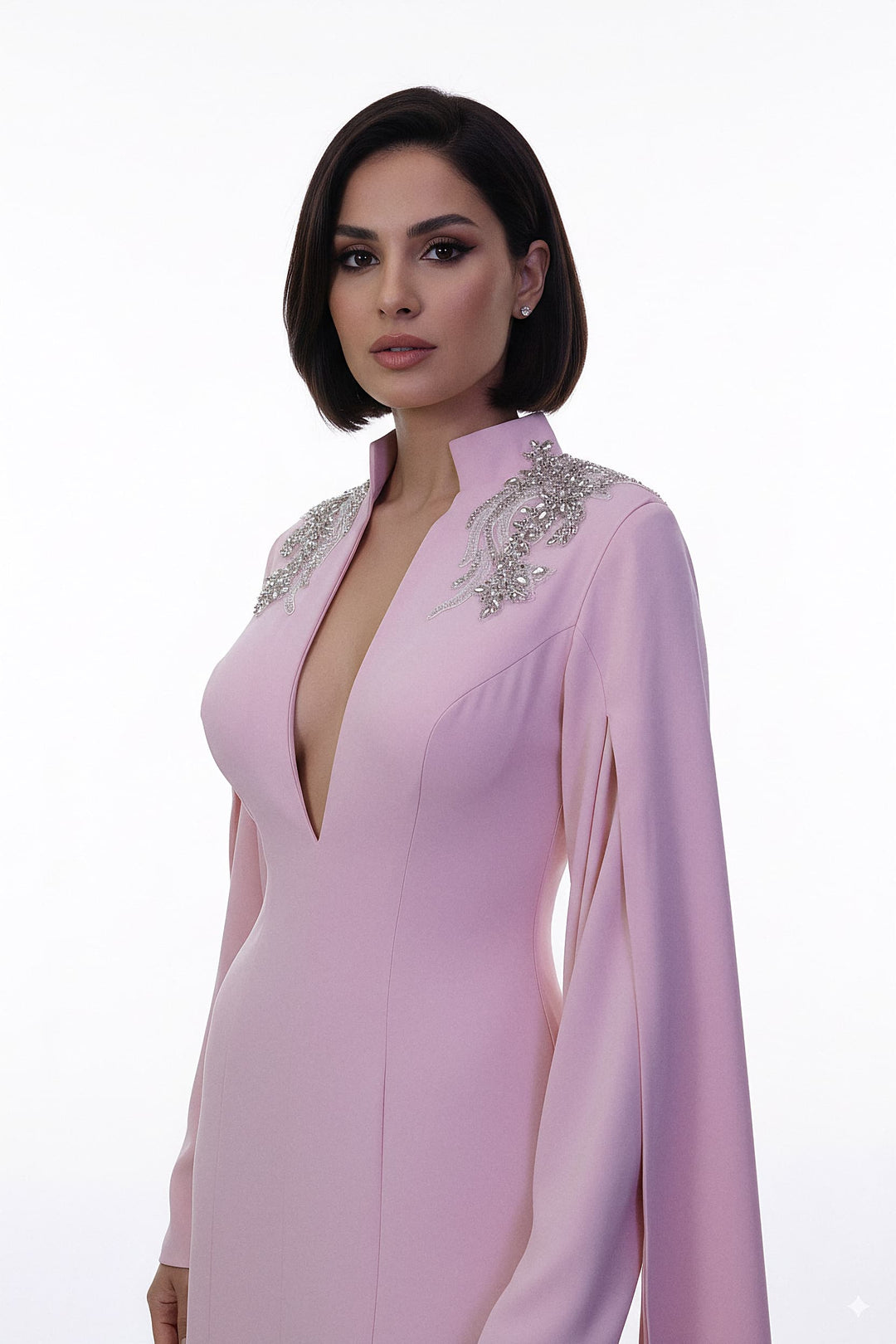 plunging neckline gown with embellished shoulders – ROSABELLE