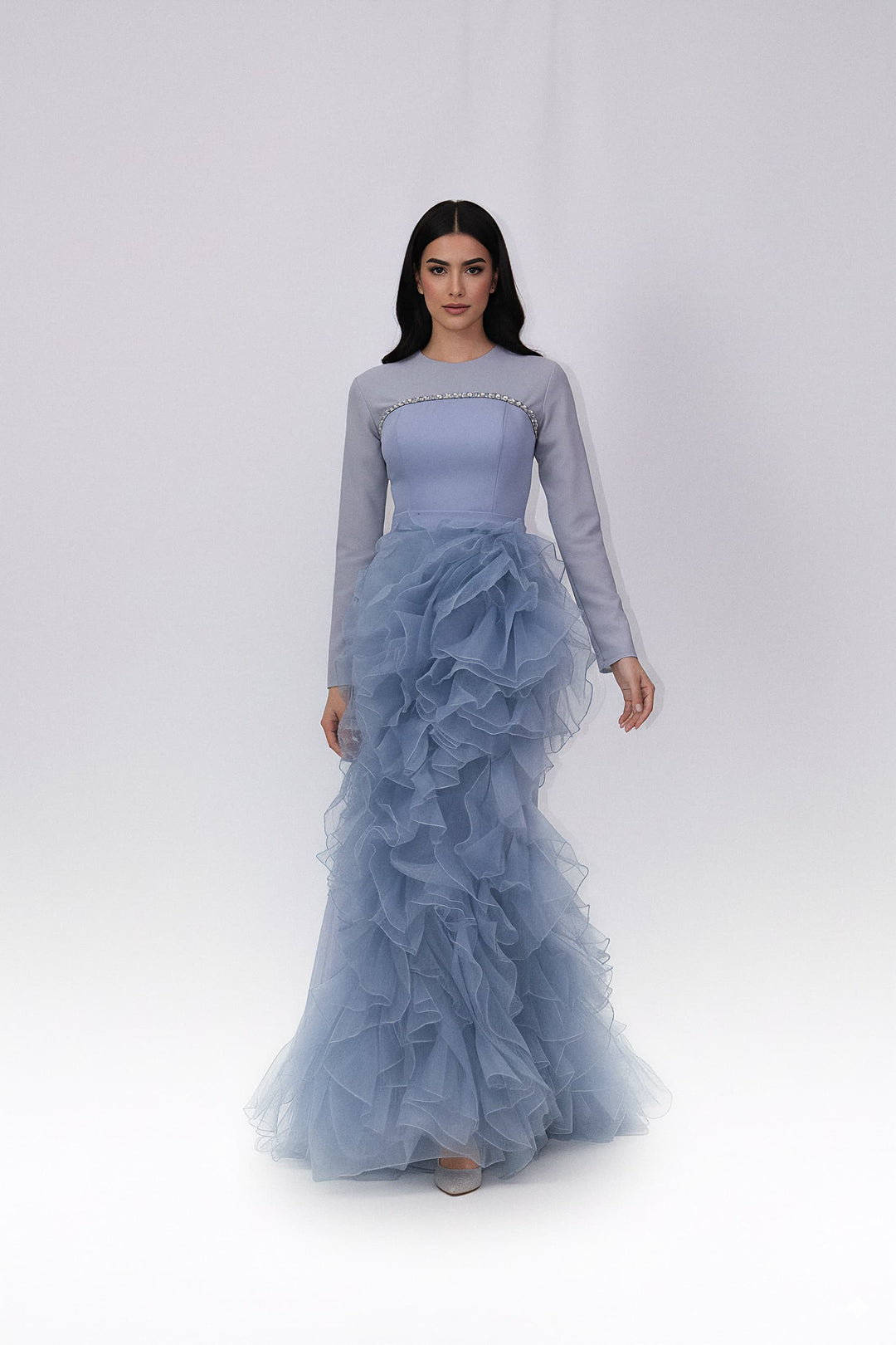 long-sleeve gown with crystal trim and tiered ruffle skirt – AZEIRA