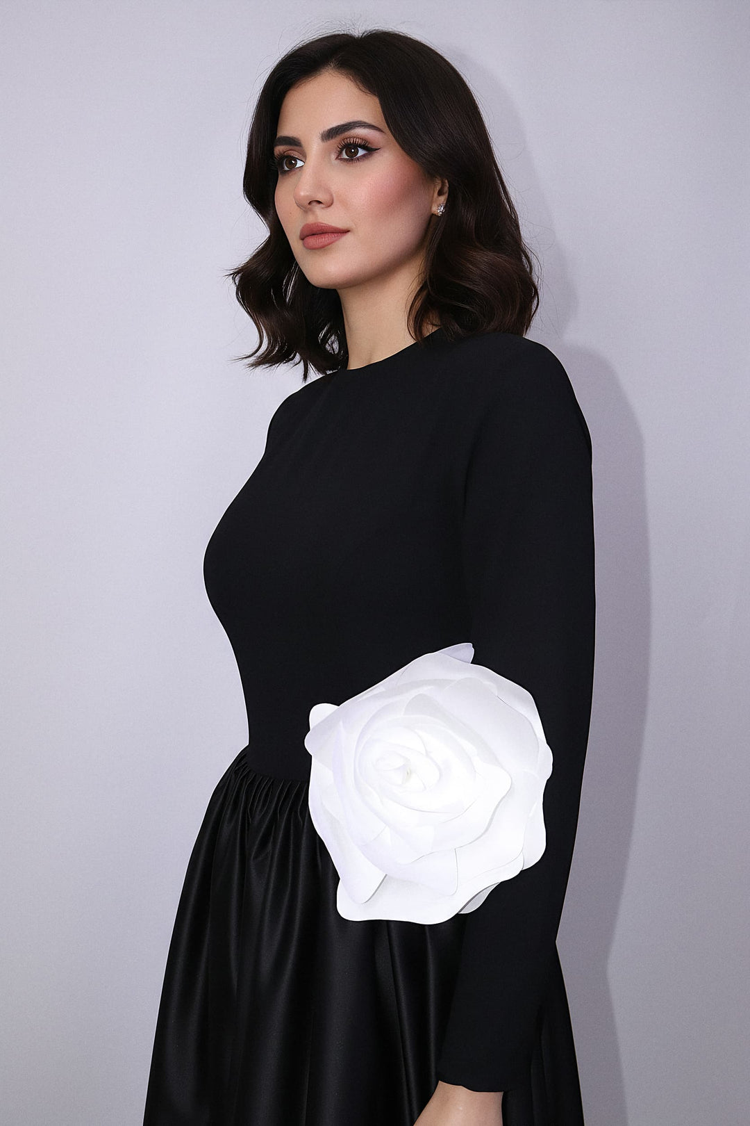 long-sleeve satin gown with oversized flower accent – MIREN