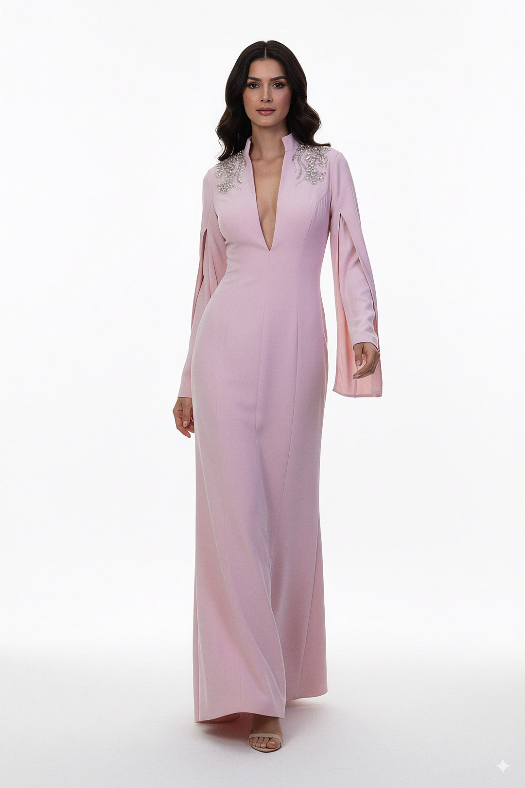 plunging neckline gown with embellished shoulders – ROSABELLE