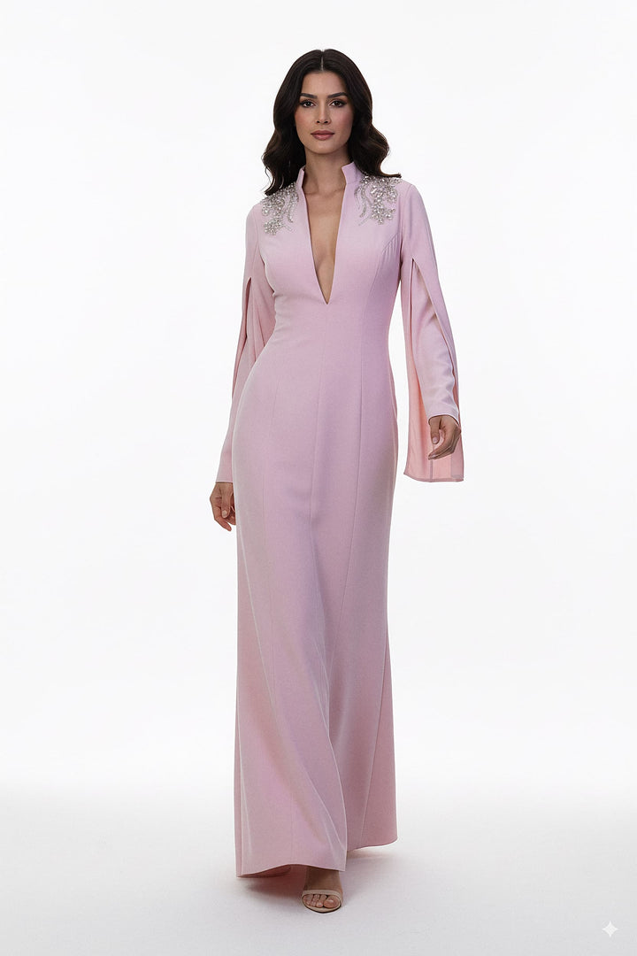 plunging neckline gown with embellished shoulders – ROSABELLE