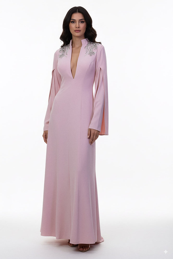 plunging neckline gown with embellished shoulders – ROSABELLE