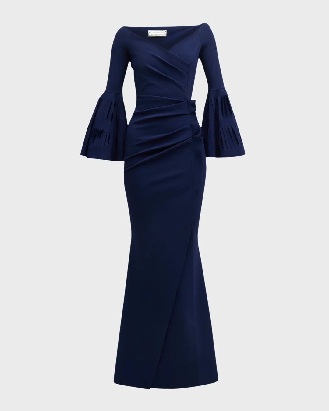 off-shoulder gown with pleated bell sleeves – Venaa