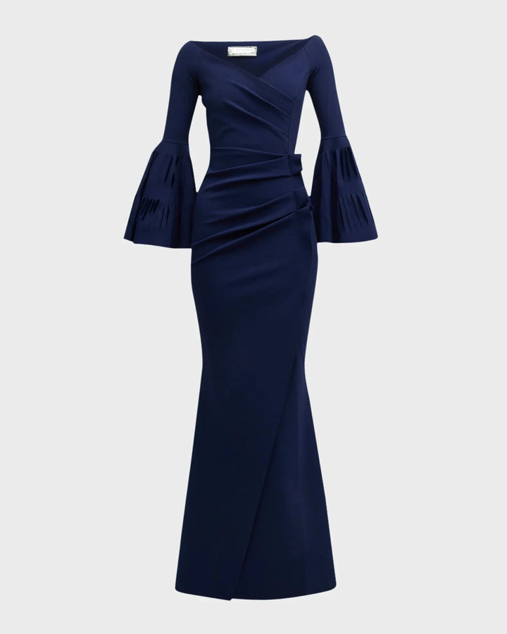 off-shoulder gown with pleated bell sleeves – Venaa