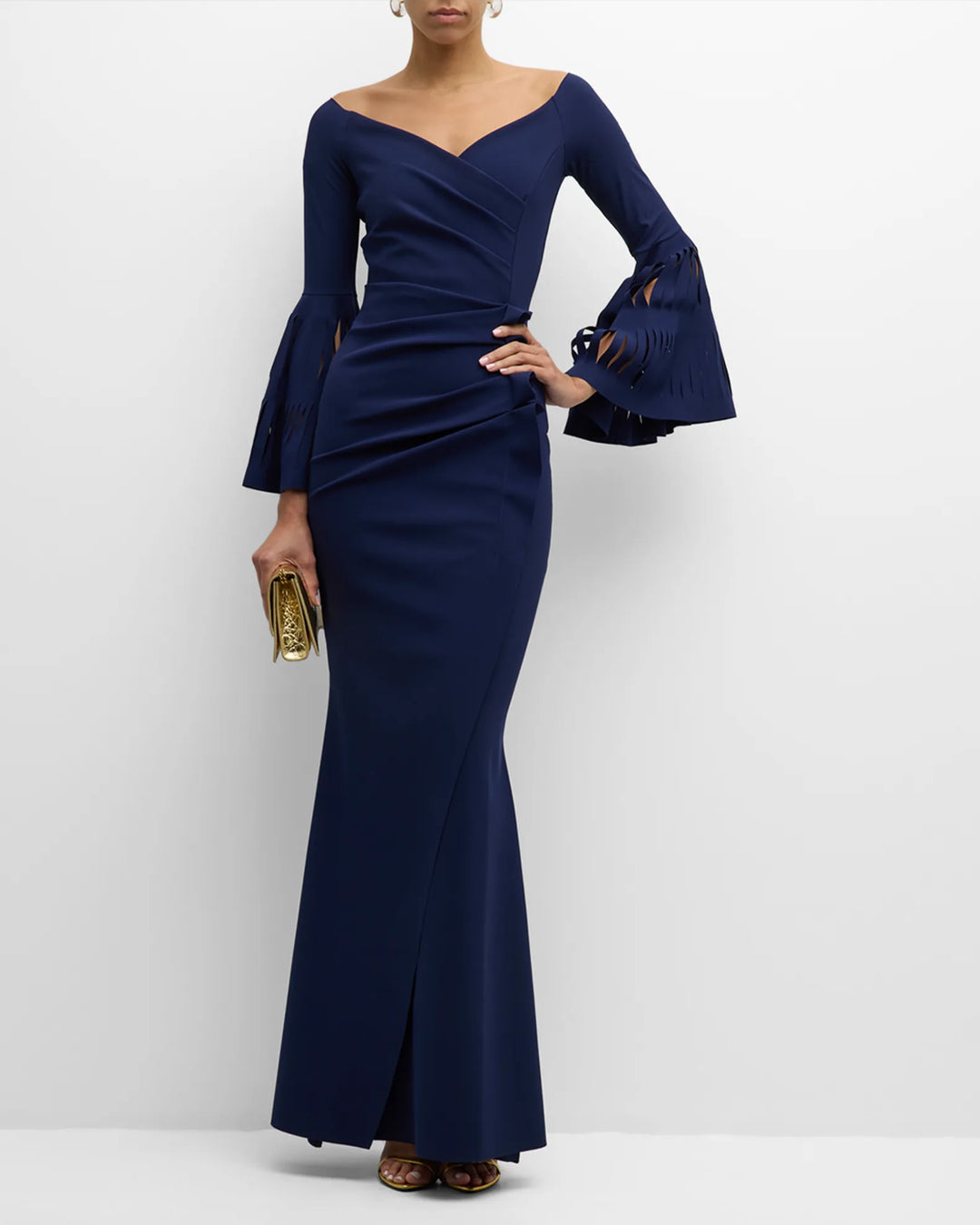 off-shoulder gown with pleated bell sleeves – Venaa