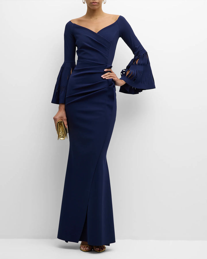 off-shoulder gown with pleated bell sleeves – Venaa