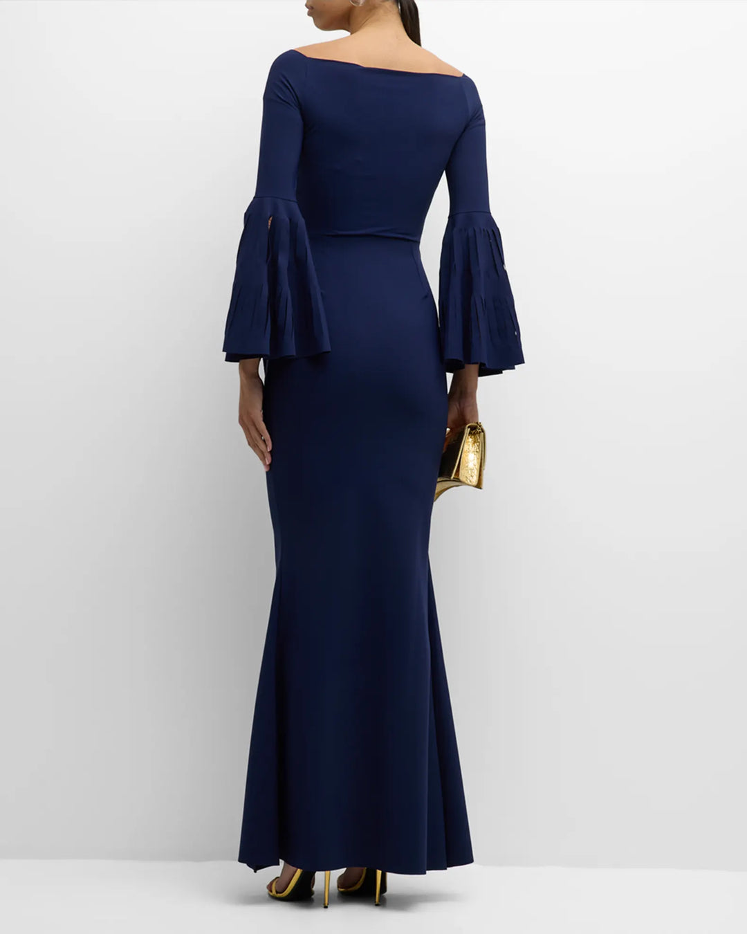 off-shoulder gown with pleated bell sleeves – Venaa
