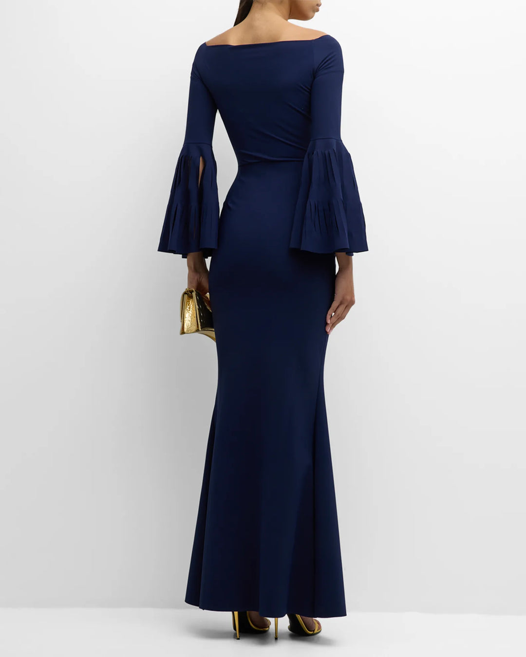 off-shoulder gown with pleated bell sleeves – Venaa