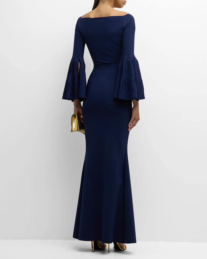 off-shoulder gown with pleated bell sleeves – Venaa