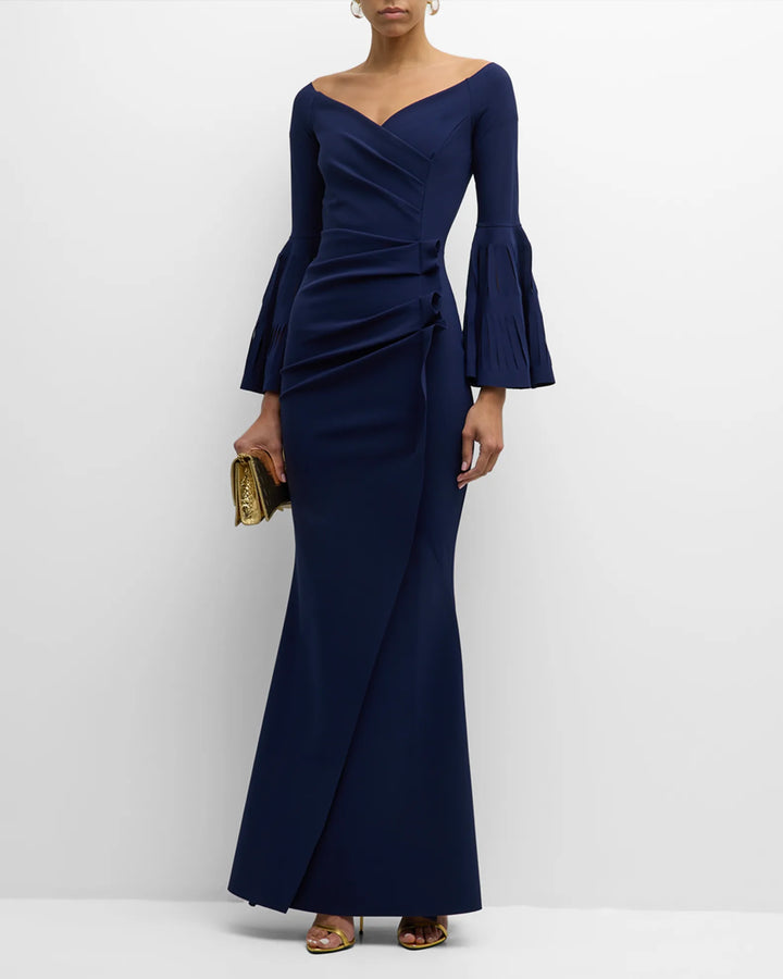 off-shoulder gown with pleated bell sleeves – Venaa