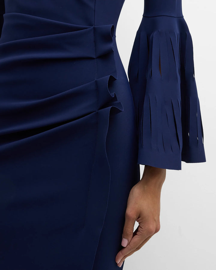 off-shoulder gown with pleated bell sleeves – Venaa