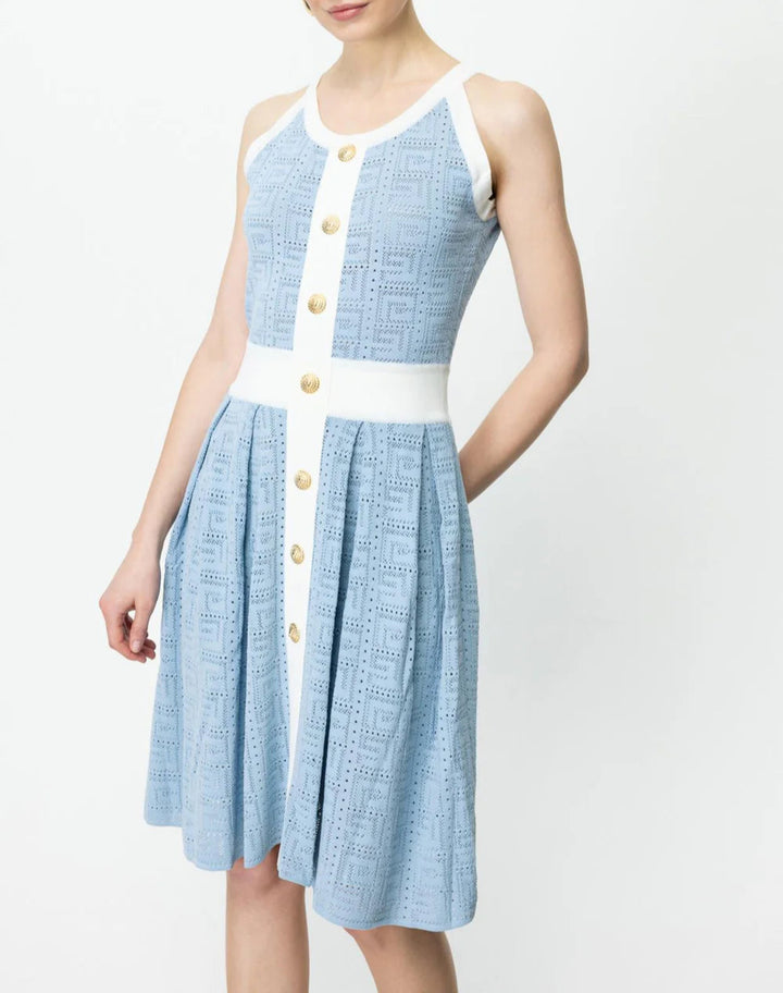 sleeveless A-line knit dress with contrast trim and gold buttons – MARINLA