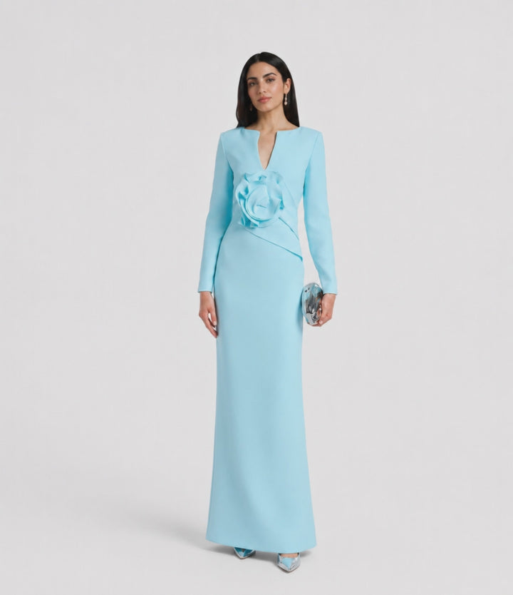 Sky Blue Floral Accent Column Gown - Celeste