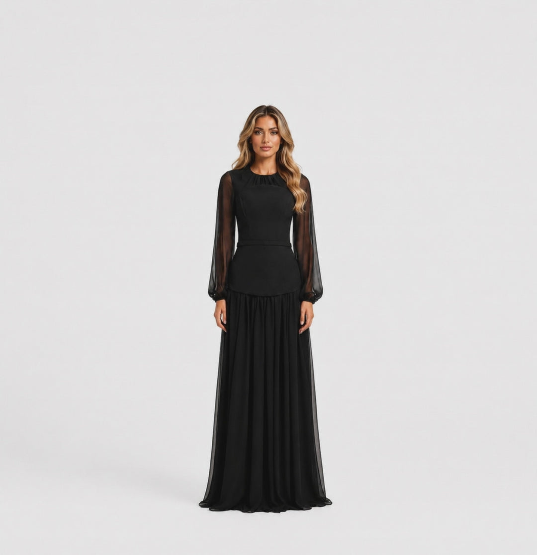 Elegant Black Chiffon Sleeve Maxi Dress - Noire