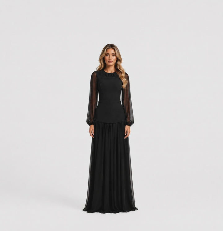 Elegant Black Chiffon Sleeve Maxi Dress - Noire