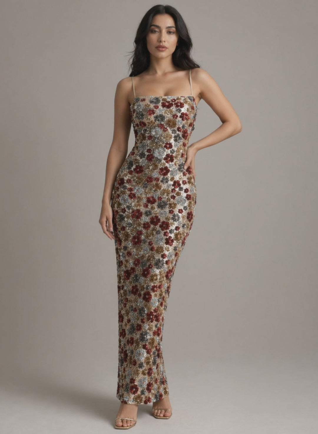Floral Sequin Bodycon Maxi Dress with Spaghetti Straps - ROSÉLIA
