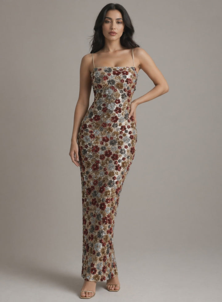 Floral Sequin Bodycon Maxi Dress with Spaghetti Straps - ROSÉLIA