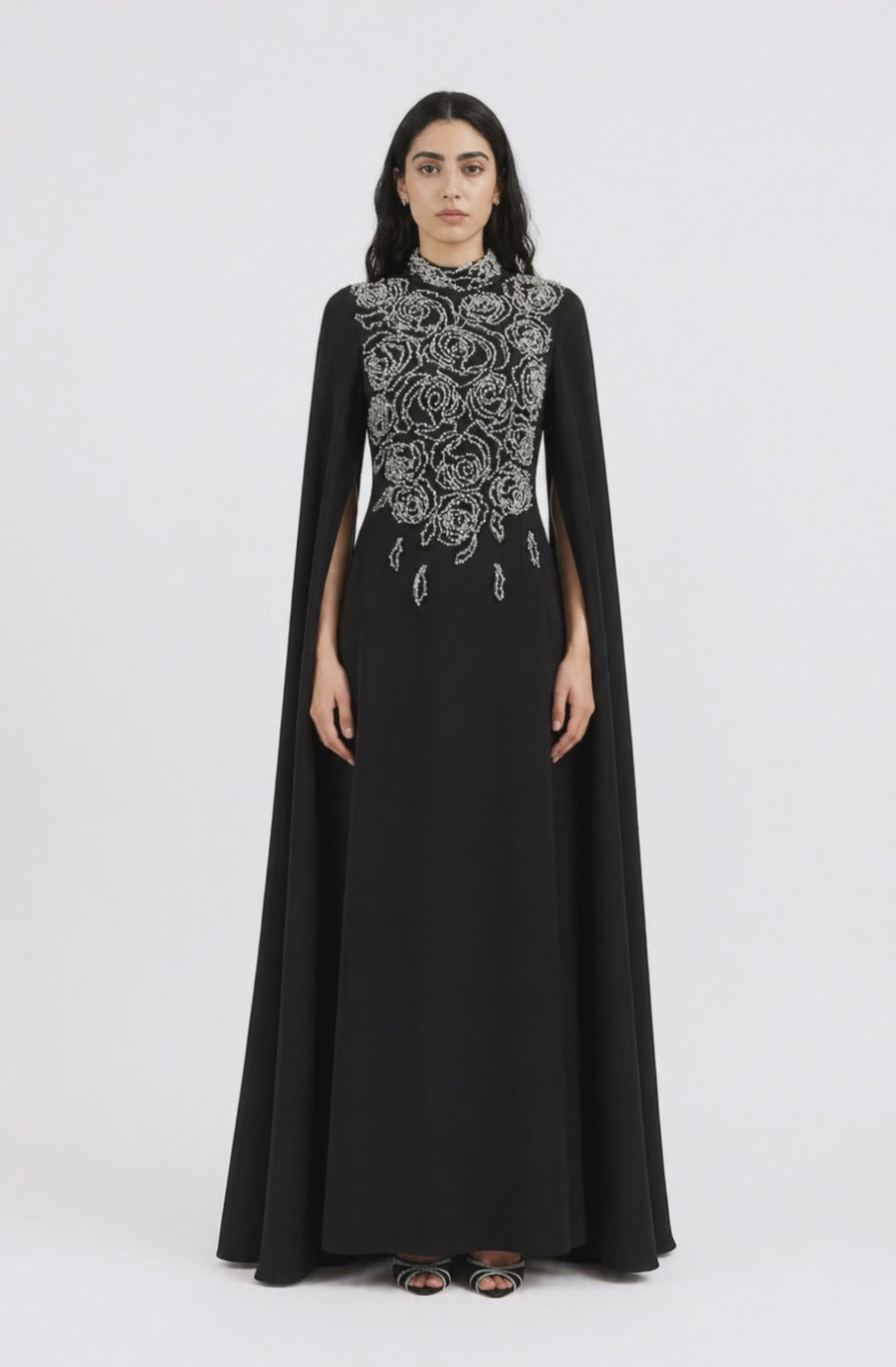 Midnight Embellished Cape Gown – VÉLORA