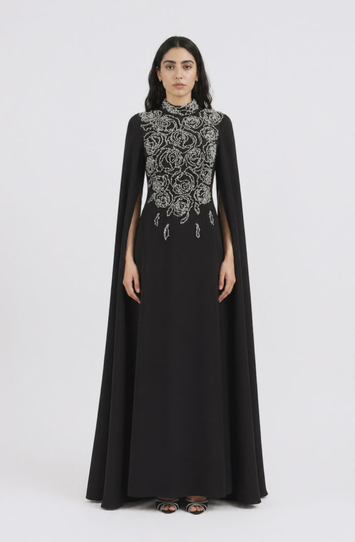 Midnight Embellished Cape Gown – VÉLORA