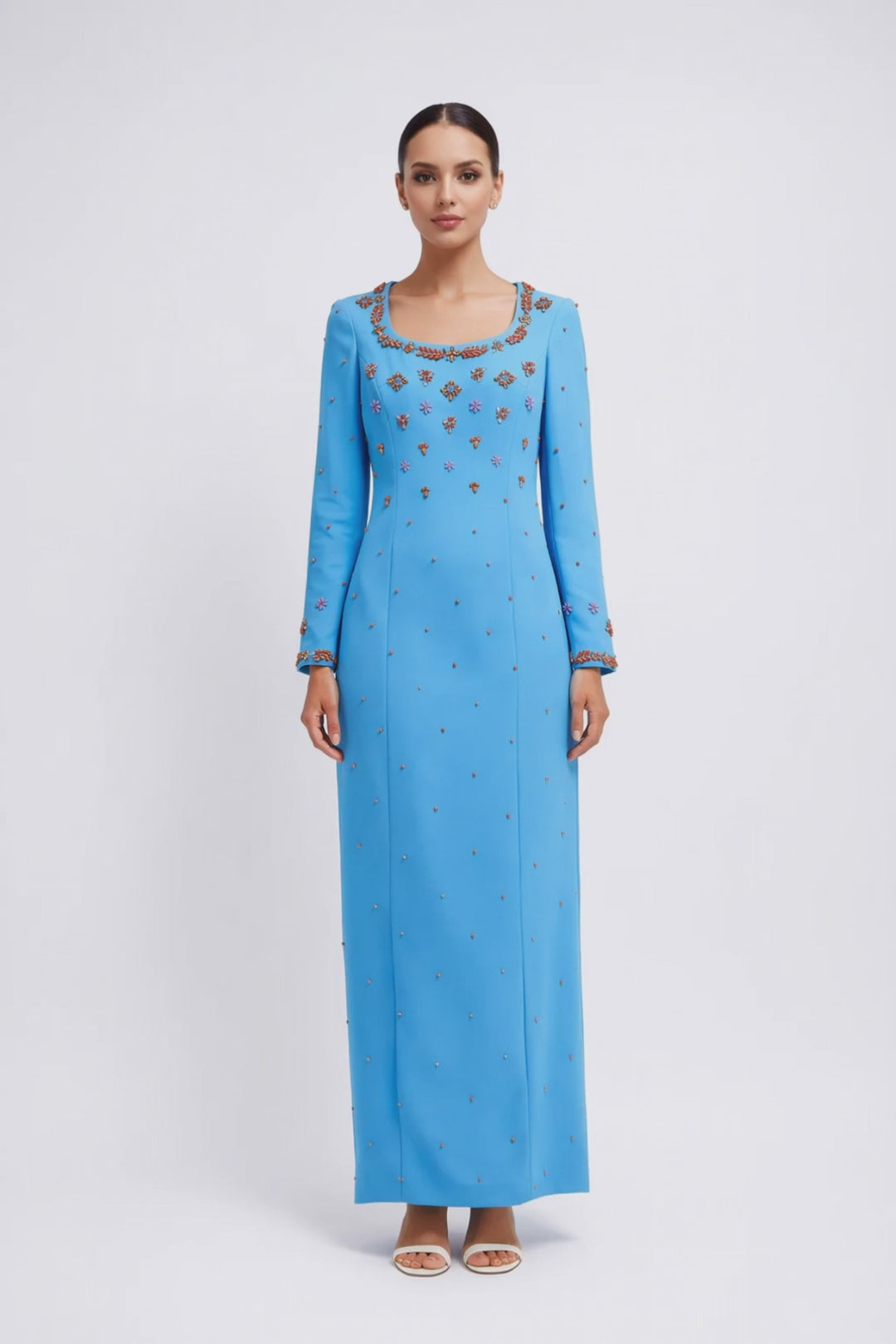 long sleeve column dress with floral crystal embellishment – AZURA