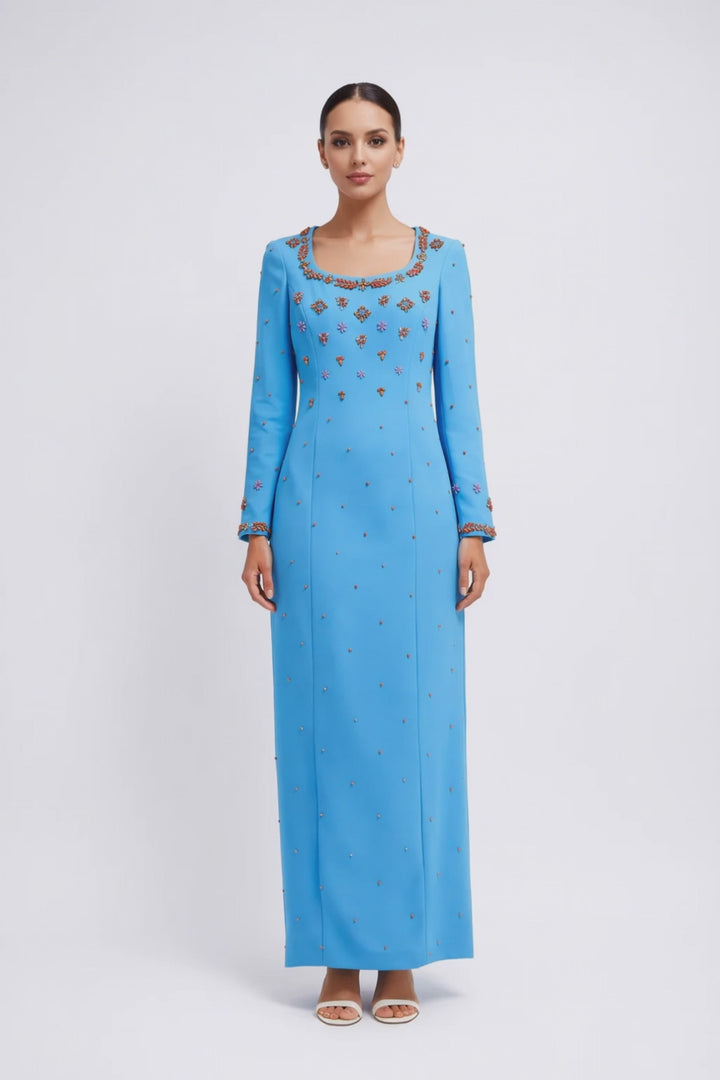 long sleeve column dress with floral crystal embellishment – AZURA
