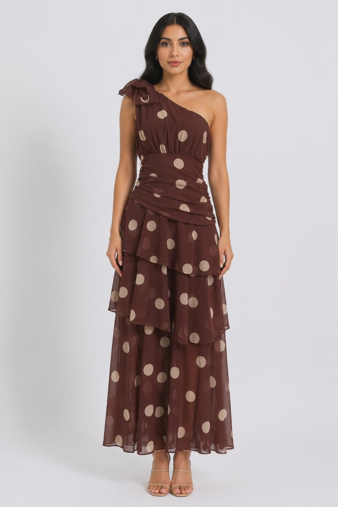 Polka Dot One-Shoulder Maxi Dress - Elegance