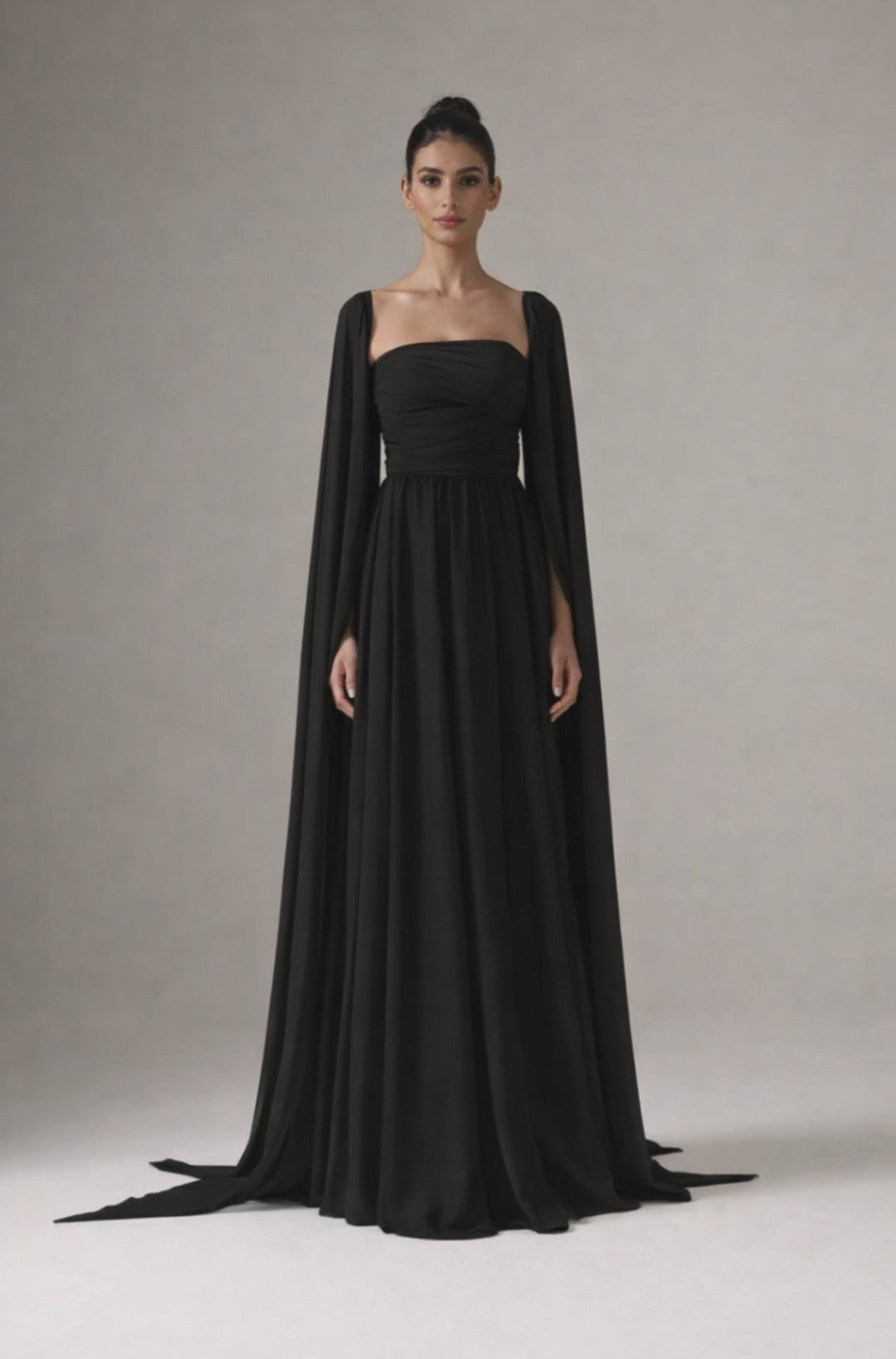 strapless chiffon maxi dress with flowing cape sleeves – NOIR