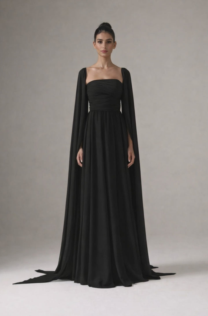 strapless chiffon maxi dress with flowing cape sleeves – NOIR