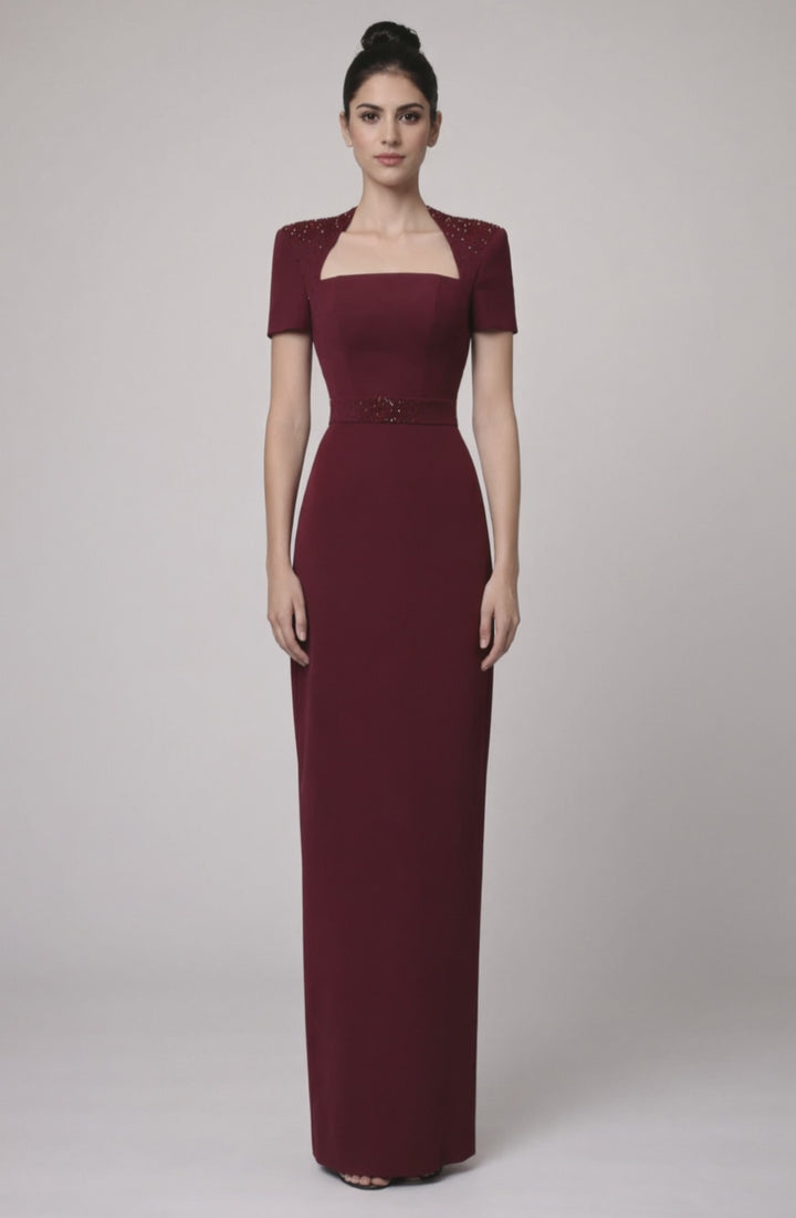 square neckline column dress with embellished shoulders – CRIMSON