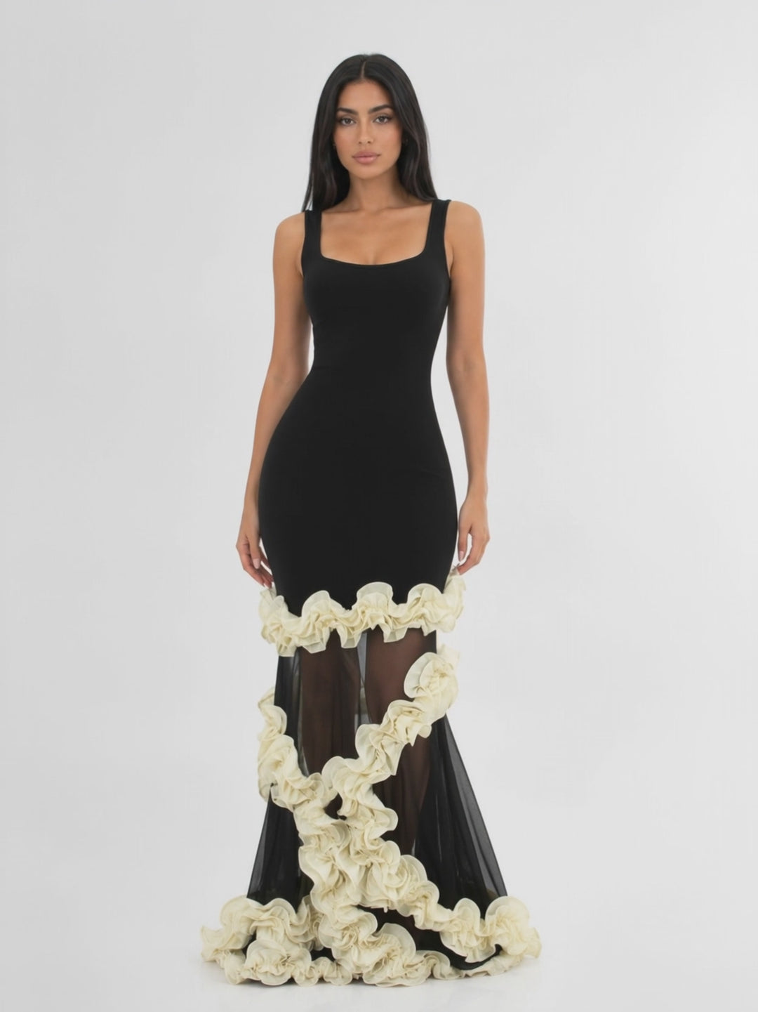 Contrast Ruffle Mermaid Evening Dress - Romance