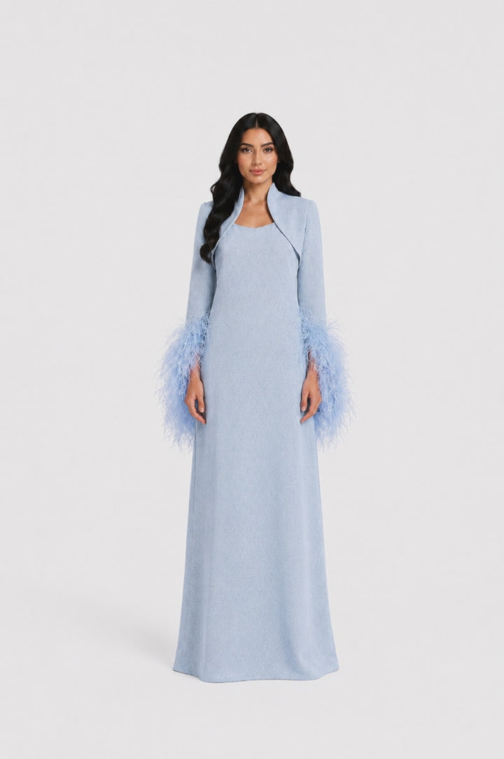 Powder Blue Feather Cuff Maxi Dress - Celeste