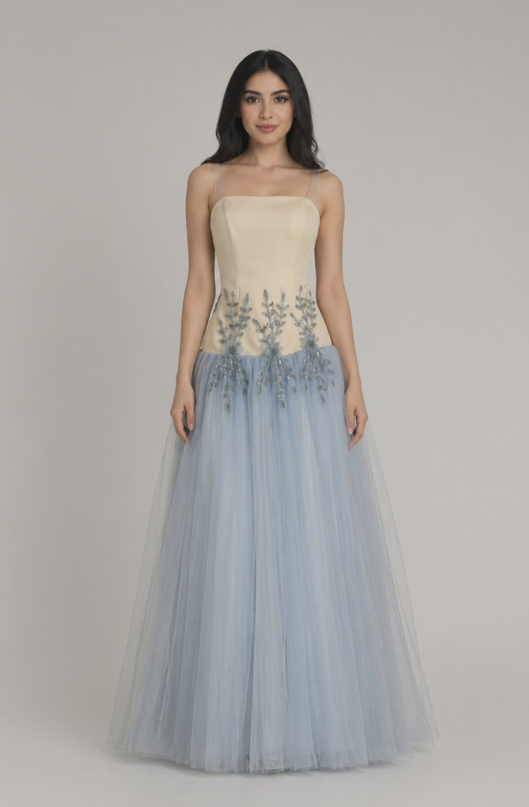 Beige & Dusty Blue Tulle Evening Dress with Floral Embroidery – AZURÉ