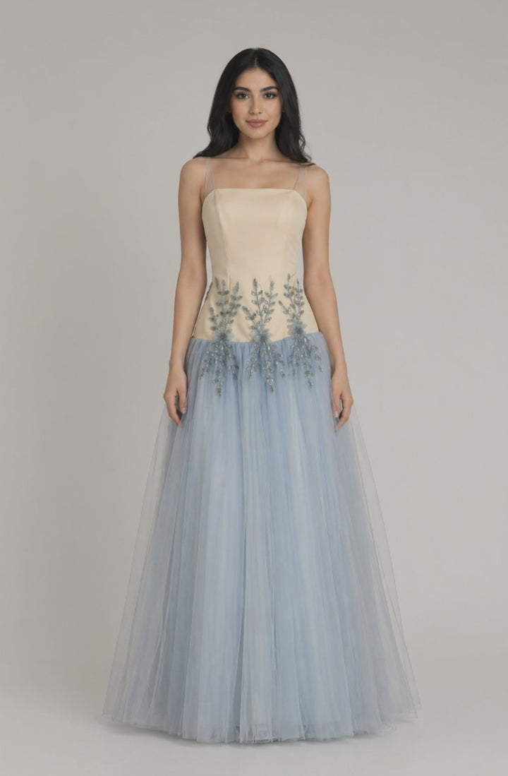 Beige & Dusty Blue Tulle Evening Dress with Floral Embroidery – AZURÉ