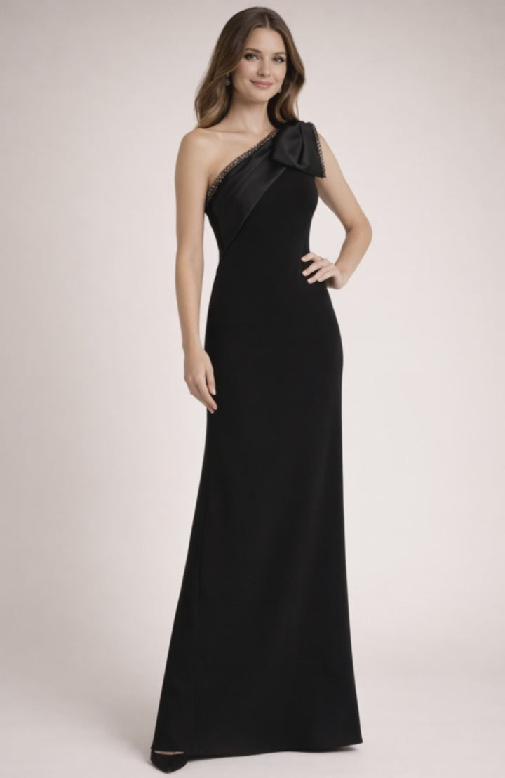 one-shoulder draped column dress with embellished trim – VALERIA