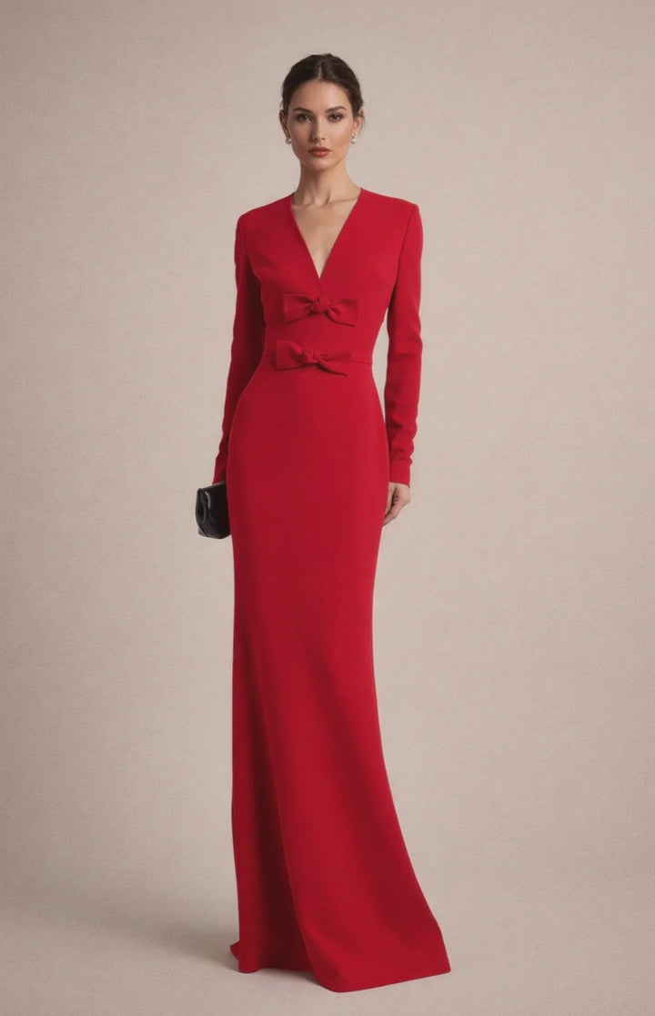 long sleeve V-neck gown with double bow detail – WALID