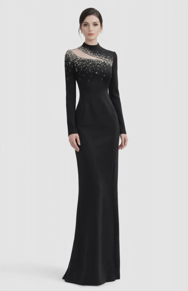 high-neck column gown with crystal illusion cutout – NOIR