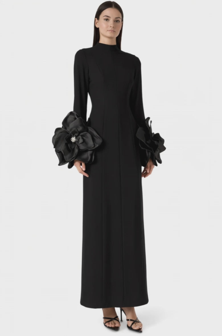 high-neck maxi dress with sculptural floral sleeves – AHMED