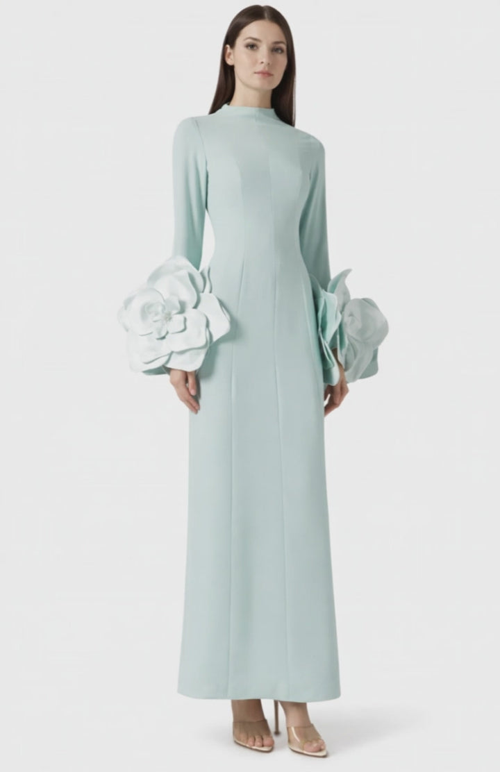 high-neck maxi dress with sculptural floral sleeves – AHMED