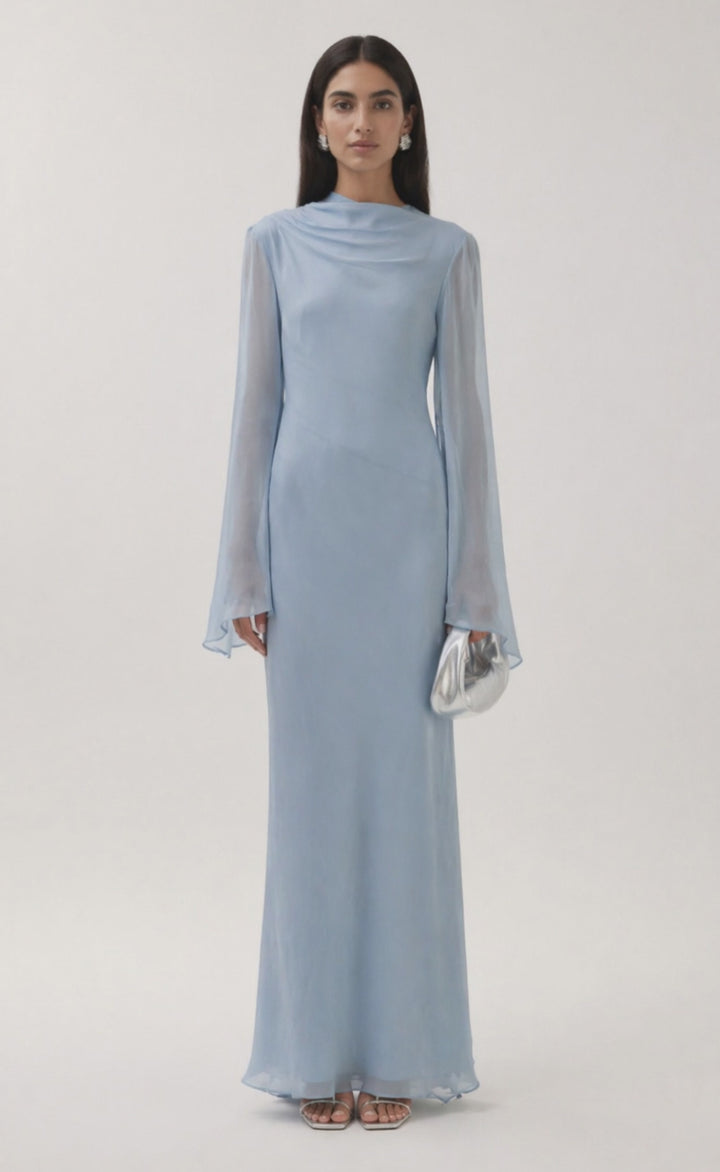 sheer sleeve column dress with draped neckline – SKY