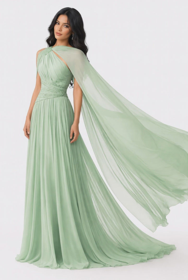 one-shoulder pleated gown with flowing chiffon cape – MINTARA