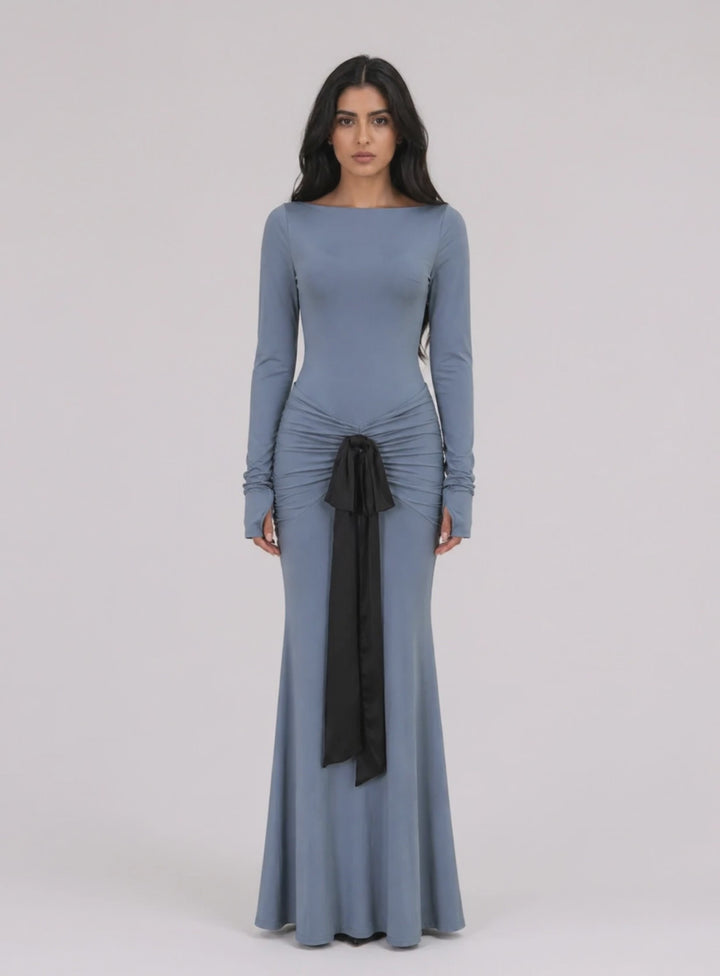 Dusty Blue Ruched Maxi Dress with Black Tie- AURÉLIA