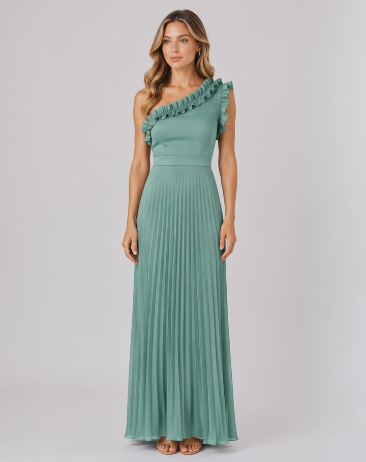فستان ماكسي مكشكش بكتف واحد مطوي باللون الزيتوني - أخضر